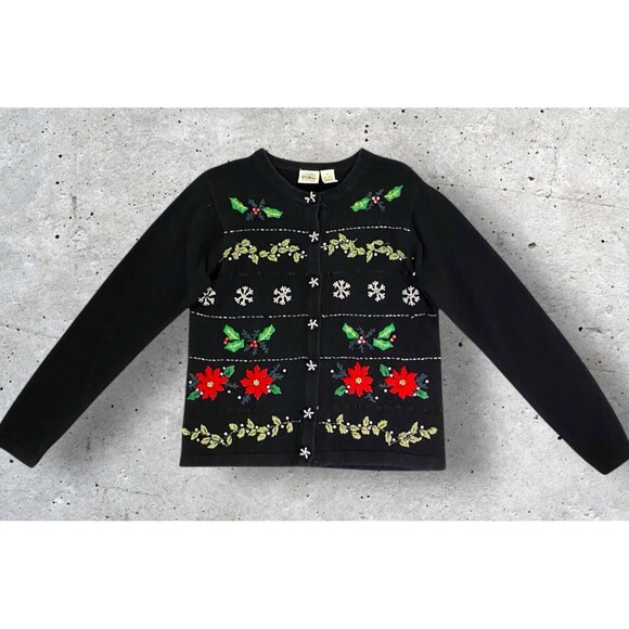VTG Christmas Cardigan Sweater Medium Jason Maxwell Beaded Snowflakes Poinsettia - Picture 1 of 13